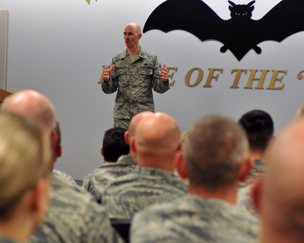 Chief Master Sgt. Ronald C. Anderson Jr., Command Chief Master Sgt. of the Air National Guard, visits with a cross section of enlisted members of the 185th Air Refueling Wing, Sioux City, Iowa during a visit to the base on Saturday, 5 June, 2016. Anderson held a town hall style meeting to express his priorities as the top enlisted member of the Air National Guard and to see what concerns the typical Airmen may have.  (U.S. Air National Guard photo by Master Sgt. Bill Wiseman/Released)