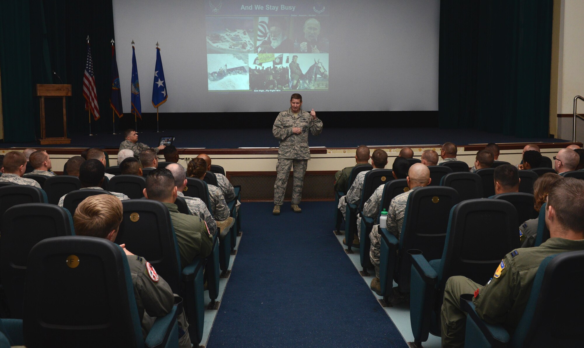 Gen. Robin Rand, AFGSC commander, speaks with Airmen Nov. 1, 2016, at Andersen Air Force Base, Guam. Many of the Airmen Rand spoke to are deployed from Ellsworth AFB, S.D., to support Pacific Command's Continuous Bomber Presence mission in the Indo-Asia-Pacific Region. (U.S. Air Force photo by Senior Airman Arielle K. Vasquez/Released)