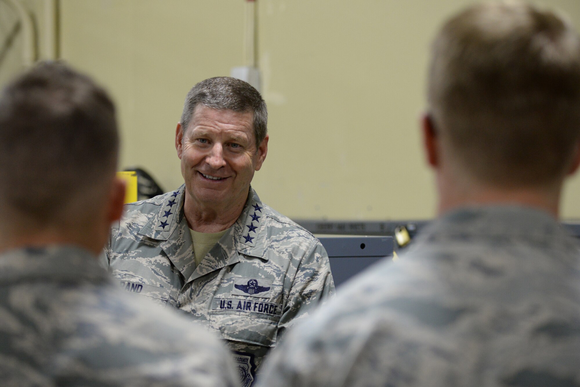 Gen. Robin Rand, AFGSC commander, speaks with maintenance Airmen Nov. 1, 2016, at Andersen Air Force Base, Guam.  More than 300 Airmen from the Ellsworth AFB, S.D., are deployed to Andersen AFB, to support B-1 Lancers as part of the U.S. Pacific Command’s continuous bomber presence mission. (U.S. Air Force Photo by Airman 1st Class Jacob Skovo)