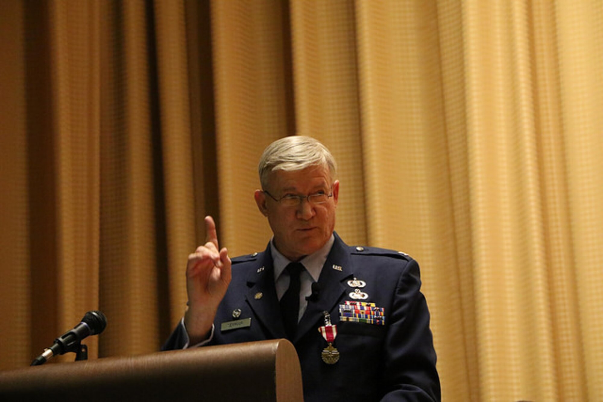 Col. Dennis Seymour 927th Air Refueling Wing Mission Support Group commander, delivers his final speech to members of the wing during his retirement ceremony at MacDill Air Force Base, FL Nov. 5, 2016. As commander of the MSG, Seymour oversaw the plans, programs, and services of three squadrons during his final duty assignment with the 927th Air Refueling Wing. (U.S. Air Force photo by Senior Airman Xavier Lockley)