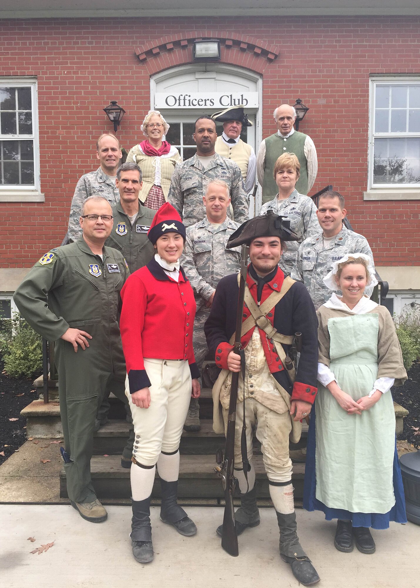 Wing leadership members of the 914 AW pose with reenactor members at Old Fort Niagara in Youngstown NY. The 914th has been hosting a week long 22nd Air Force leadership conference both on base and at the historic fort. (courtesy photo) 

