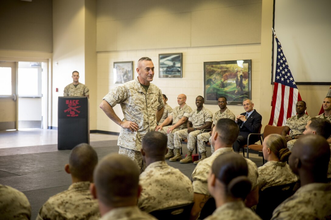 Major Gen. James W. Lukeman, the commanding general of the Marine Corps Training and Education Command, addresses the audience of the first Force Fitness Instructor Course aboard Marine Corps Base Quantico, Nov. 4, 2016. The graduates will now return to their respective units and apply all that they’ve learned over the five-week course. (U.S. Marine Corps photo by Sgt. Jacky A. Fang/RELEASED)