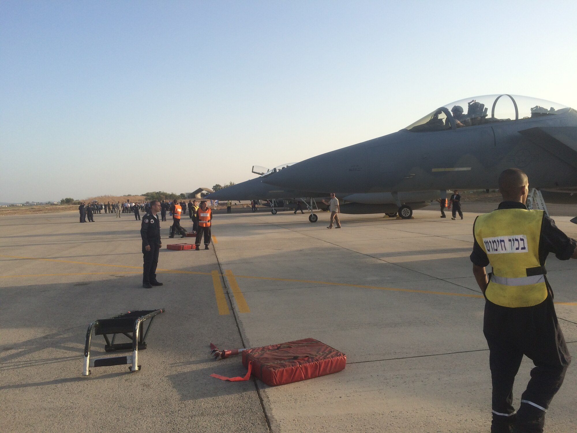 Eight F-15 Eagles arrive at Tel Nof air base in Israel from the 173rd Fighter Wing in Klamath Falls, Ore., sans their Kingsley Field tail flashes. After two years of planning and final execution the wing participated in a historic active ramp-to-ramp transfer of aircraft, and so this airbase is their new home.  (U.S. Air National Guard photo by Master Sgt. Michael Shirar)