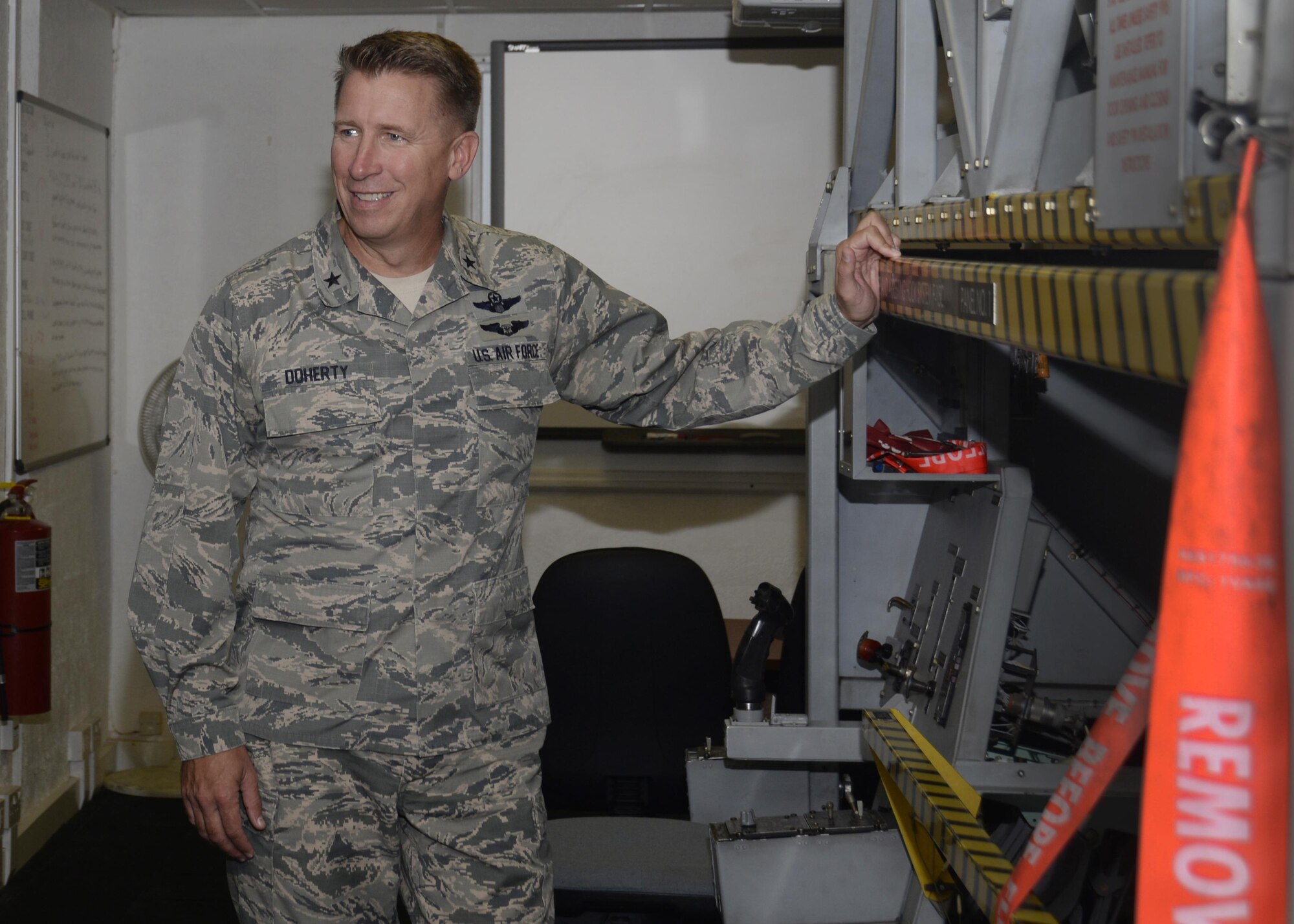 U.S. Air Force Brig. Gen. Patrick Doherty, 82nd Training Wing commander, visits Detachment 16 at Royal Air Force Lakenheath, England, Nov. 3. Although the detachment is considered a tenant unit on RAF Lakenheath, it falls under the 82nd TRW’s command. (U.S. Air Force photo/Airman 1st Class Abby L. Finkel) 