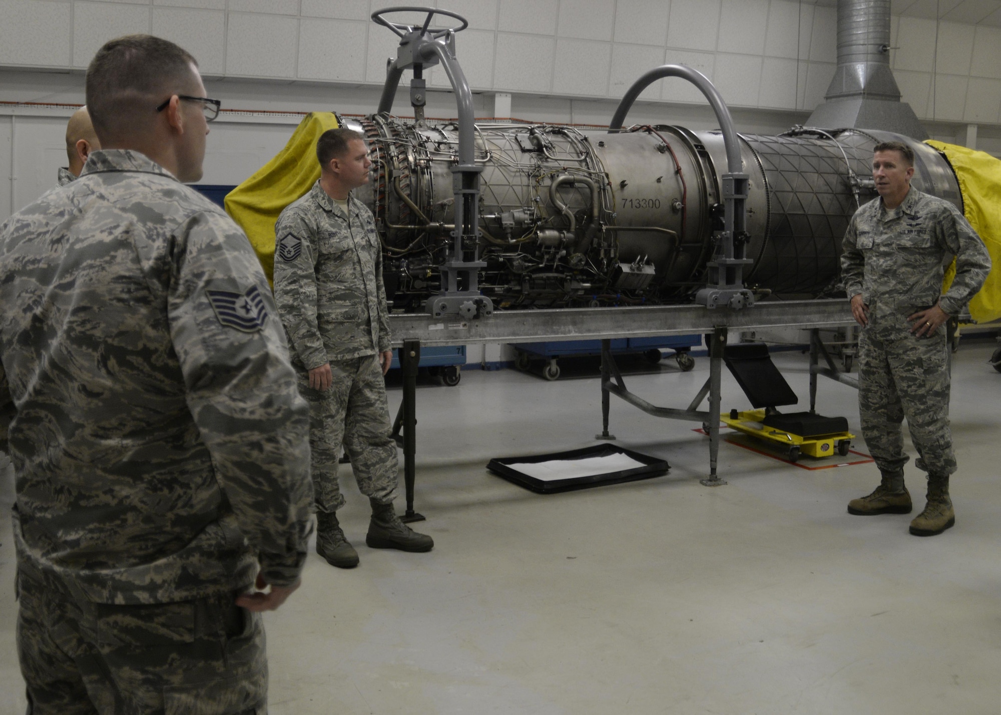 U.S. Air Force Brig. Gen. Patrick Doherty, 82nd Training Wing commander from Sheppard Air Force Base, Texas, right, tours a Detachment 16 classroom at Royal Air Force Lakenheath, England, Nov. 3. Detachment 16 provides upgrade and advanced skills training for 48th Maintenance Group maintainers. (U.S. Air Force photo/Airman 1st Class Abby L. Finkel) 