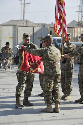 BAGRAM AIRFIELD, AFGHANISTAN (Nov. 2, 2016) - U.S. Army Lt. Col. James C. Reese and Command Sgt. Maj. Randy B. Gray case the 2nd Battalion, 44th Air Defense Artillery Regiment unit colors during their transfer of authority ceremony.  2/44 ADA will return to Fort Campbell, Ky.  Reese and Gray are the battalion commander and command sergeant major, respectively.  Photo by Bob Harrison, U.S. Forces Afghanistan Public Affairs.