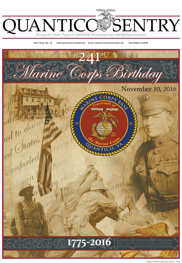 Front cover of the Quantico Sentry commemorating the 241st Marine Corps Birthday
