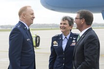 Maj. Gen. Robert McMurry Jr., Air Force Research Laboratory commander, and Gen. Ellen M. Pawlikowski, Air Force Materiel Command commander, greet Secretary of Defense Ash Carter, after his arrival at Wright-Patterson Air Force Base, Ohio, Nov. 3, 2016. During his visit, Carter toured the Air Force Research Laboratory and Air Force Life Cycle Management Center to see the latest technologies being developed. (U.S. Air Force photo/Wesley Farnsworth)