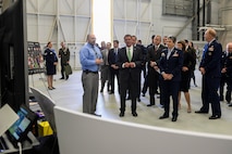 Dr. Josh Hagen, 711th Human Performance Wing, briefs Secretary of Defense Ash Carter during his tour of the unit at Wright-Patterson Air Force Base, Ohio, Nov. 3, 2016. Hagen briefed Carter on the latest in wearable sensor technology currently being developed by the 711 HPW. (U.S. Air Force photo/Wesley Farnsworth)

