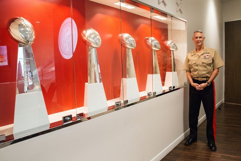 Lieutenant General Rex C. McMillian, commander of Marine Forces Reserve and Marine Forces North, stands by the display of the five Super Bowl trophies won by the San Francisco 49ers in 1982, 1985, 1989, 1990 and 1995 on Nov. 4, 2016.  McMillian was invited to observe a 49ers’ practice session in preparation for Sunday’s “Salute to Service” game against the New Orleans Saints at Levi’s Stadium. The half-time show of Sunday’s game will recognize the Marine Forces Reserve Centennial.   Today, approximately 500 Reserve Marines are providing fully integrated operational support to Fleet and Combatant Commanders around the world.  For more information on the history and heritage of Marine Forces Reserve as well as current Marine stories and upcoming Centennial events, please visit www.marines.mil/usmcr100. (U.S. Marine Corps photo by Lance Cpl. Dallas Johnson)