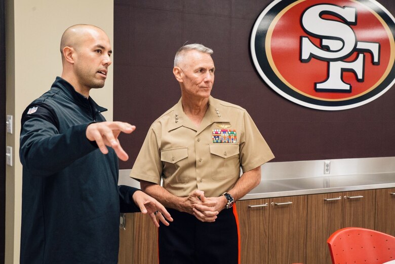 Lieutenant General Rex C. McMillian, commander of Marine Forces Reserve and Marine Forces North and Brandon Moreno, the community relations manager for the 49ers, tour the dining facilities for the National Football League’s San Francisco 49ers and discuss the unique nutritional requirements for athletes at Levi’s Stadium, Nov. 4, 2016. McMillian was invited to observe a 49ers’ practice session in preparation for Sunday’s “Salute to Service” game against the New Orleans Saints at Levi’s Stadium. The half-time show of Sunday’s game will recognize the Marine Forces Reserve Centennial. Today, approximately 500 Reserve Marines are providing fully integrated operational support to Fleet and Combatant Commanders around the world. For more information on the history and heritage of Marine Forces Reserve  as well as current Marine stories and upcoming Centennial events, please visit www.marines.mil/usmcr100. (U.S. Marine Corps photo by Lance Cpl. Dallas Johnson)