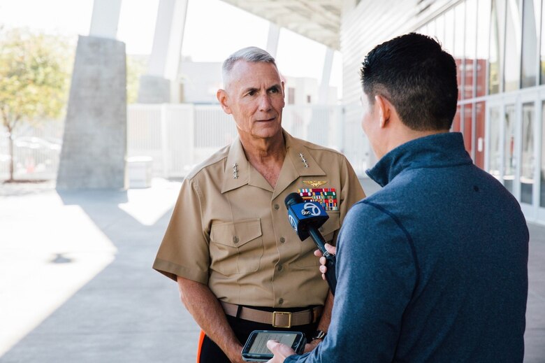 Lieutenant General Rex C. McMillian, commander of Marine Forces Reserve and Marine Forces North, answers questions from Chris Nguyen, a local reporter from ABC7 news, at Levi’s Stadium, Nov. 4, 2016. McMillian was invited to observe a 49ers’ practice session in preparation for Sunday’s “Salute to Service” game against the New Orleans Saints at Levi’s Stadium. The half-time show of Sunday’s game will recognize the Marine Forces Reserve Centennial.   Today, approximately 500 Reserve Marines are providing fully integrated operational support to Fleet and Combatant Commanders around the world. For more information on the history and heritage of Marine Forces Reserve as well as current Marine stories and upcoming Centennial events, please visit www.marines.mil/usmcr100. (U.S. Marine Corps photo by Lance Cpl. Dallas Johnson)