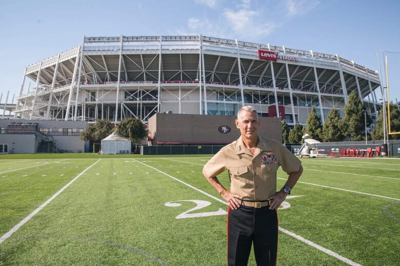 Lieutenant General Rex C. McMillian, commander of Marine Forces Reserve and Marine Forces North, poses in front of Levi’s Stadium at the 49ers practice field at Levi’s Stadium, Nov. 4, 2016. McMillian was invited to observe a 49ers’ practice session in preparation for Sunday’s “Salute to Service” game against the New Orleans Saints at Levi’s Stadium. The half-time show of Sunday’s game will recognize the Marine Forces Reserve Centennial. Today, approximately 500 Reserve Marines are providing fully integrated operational support to Fleet and Combatant Commanders around the world. For more information on the history and heritage of Marine Forces Reserve as well as current Marine stories and upcoming Centennial events, please visit www.marines.mil/usmcr100. (U.S. Marine Corps photo by Lance Cpl. Dallas Johnson)