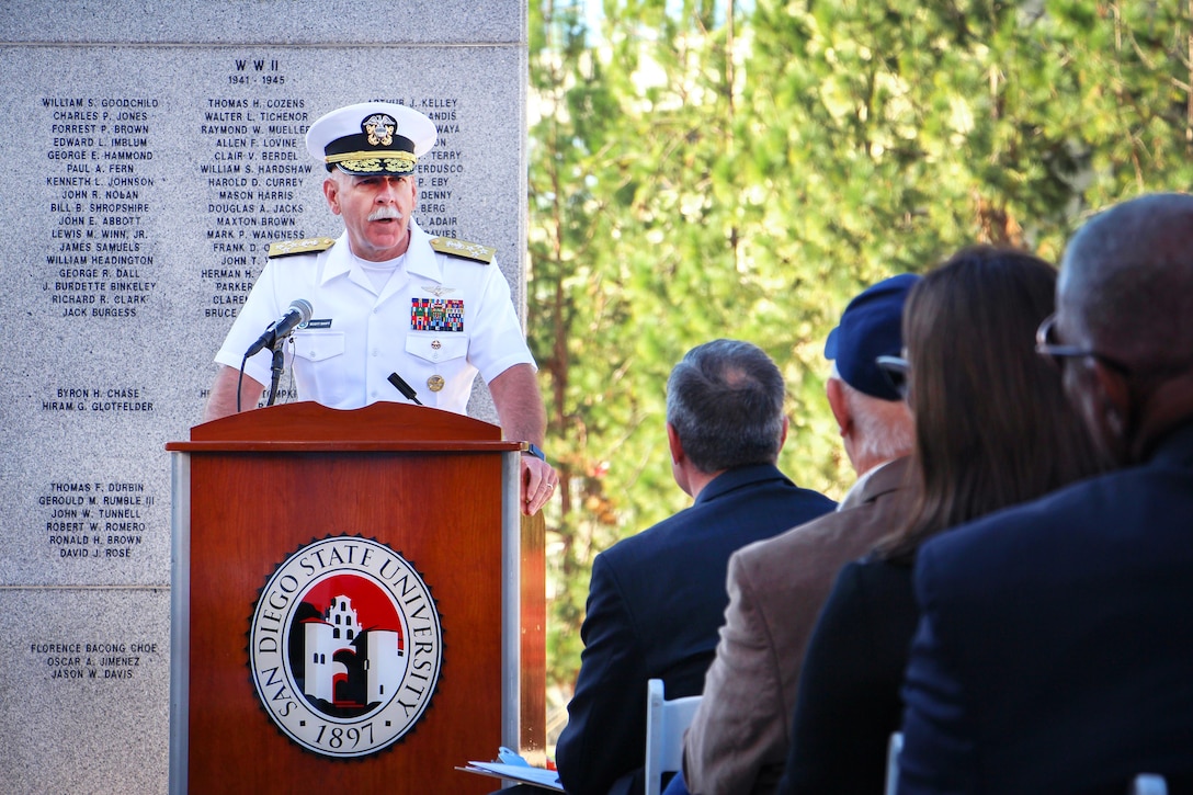 Navy Adm. Scott Swift, commander of U.S. Pacific Fleet, delivers remarks during a wreath-laying ceremony at the War Memorial on Aztec Green at San Diego State University, San Diego, Nov. 4, 2016. Navy photo by Lt. Matthew Stroup
