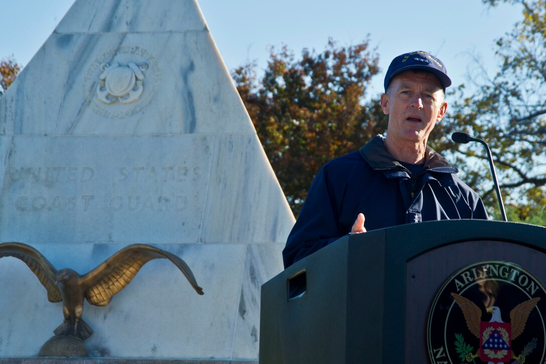 Coast Guard Commandant Adm. Paul Zukunft speaks at the annual Flags Across America event at Arlington National Cemetery, Arlington, Va., Nov. 5, 2016. Flags Across America is organized by the Washington D.C. Coast Guard Chief Petty Officers Association and held each year on the weekend before Veterans Day. Coast Guard photo by Petty Officer 2nd Class Lisa Ferdinando