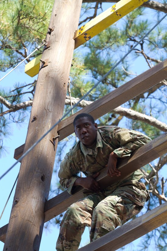 Basic Combat Training Soldiers from Company A, 34th Infantry Regiment, complete confidence climb at the confidence course during their fifth week of training at Fort Jackson, S.C., Oct 19. (U.S. Army Reserve photo by Spc. Tynisha L. Daniel, 108th Training Command)