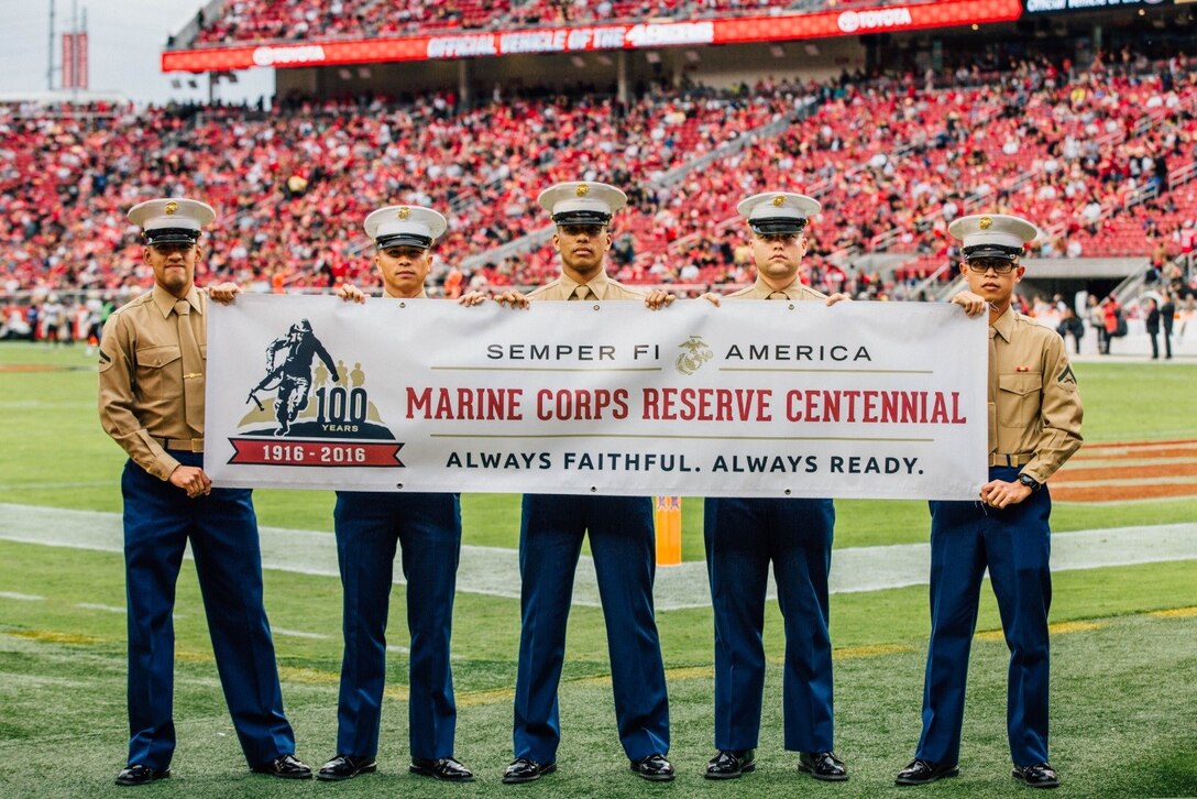 Marines from the San Francisco Bay Area hold the Marine Forces Reserve Centennial banner after the half-time show of the San Francisco 49ers’ game against the New Orleans Saints at Levi’s Stadium, Nov. 6, 2016. The National Football League recognized the Marine Corps Reserve’s Centennial during the half-time show as part of their “Salute to Service” campaign. Today, approximately 500 Reserve Marines are providing fully integrated operational support to Fleet and Combatant Commanders around the world.  For more information on the history and heritage of Marine Forces Reserve as well as current Marine stories and upcoming Centennial events, please visit www.marines.mil/usmcr100. (U.S. Marine Corps photo by Lance Cpl. Dallas Johnson)