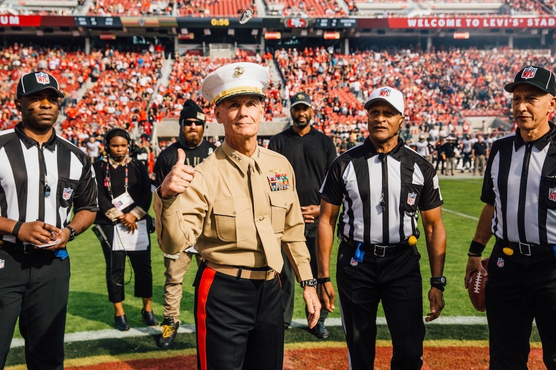 Lieutenant General Rex C. McMillian, commander of Marine Forces Reserve and Marine Forces North, flips the coin at the beginning of the San Francisco 49ers’ game against the New Orleans Saints at Levi’s Stadium, Nov. 6, 2016. McMillian was the National Football League’s guest of honor at the game as part of its “Salute to Service” campaign.  Today, approximately 500 Reserve Marines are providing fully integrated operational support to Fleet and Combatant Commanders around the world.  For more information on the history and heritage of Marine Forces Reserve as well as current Marine stories and upcoming Centennial events, please visit www.marines.mil/usmcr100. (U.S. Marine Corps photo by Lance Cpl. Dallas Johnson)