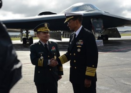 U.S. Navy Adm. Cecil D. Haney, U.S. Strategic Command (USSTRATCOM) commander, right, shakes hands with Republic of Korea (ROK) Gen. Lee Sun-Jin, Chairman of the Joint Chiefs of Staff, left, after touring a B-2 Spirit strategic bomber on the Offutt Air Force Base flightline during Lee's visit to USSTRATCOM headquarters in Nebraska, Oct. 12, 2016. Lee, who visited USSTRATCOM as part of a Chairman's Counterpart Visit, received a command orientation on USSTRATCOM's roles and missions, which include an overall U.S. extended deterrence commitment to the Republic of Korea. (USSTRATCOM photo by U.S. Army Lt. Col. Martin L. O'Donnell) 