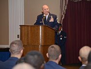 72nd Air Base Wing Command Chief Master Sgt. David Tuck was the commencement speaker during the Oct. 25 Community College of the Air Force graduation ceremony. 148 of Tinker’s Airmen graduated from CCAF, receiving 156 degrees in 37 different areas of study. (Air Force photo by Kelly White)