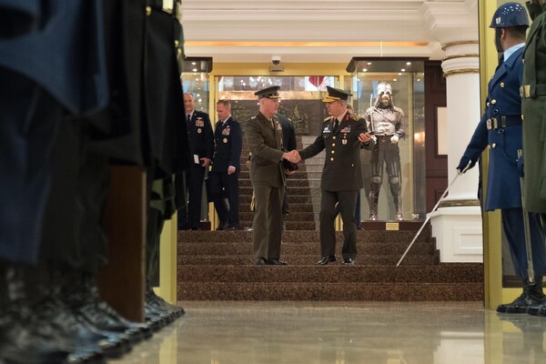 Army Gen. Hulusi Akar, the chief of the Turkish General Staff, bids farewell to Marine Corps Gen. Joesph F. Dunford, right, following meetings Nov. 6, 2016, at the General Staff headquarters in Ankara, Turkey. DoD Photo by D. Myles Cullen  (DoD photo by D. Myles Cullen/Released)