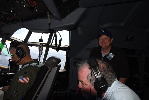 David Brown from Direcpath visits the flight deck during the Employer Day flight from the 403rd Wing, Nov. 5. The employers received a flight, tour and demonstrations of the different jobs and training that their Air Force Reserve employees do when performing military service. (U.S. Air Force photo/Master Sgt. Jessica Kendziorek) 