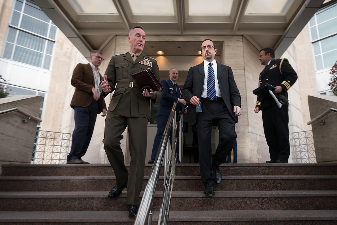 Marine Corps Gen. Joe Dunford, chairman of the Joint Chiefs of Staff, and U.S. Ambassador to Turkey John R. Bass head to a meeting with senior Turkish military leadership in Ankara, Turkey, Nov. 6, 2016. DoD photo by D. Myles Cullen