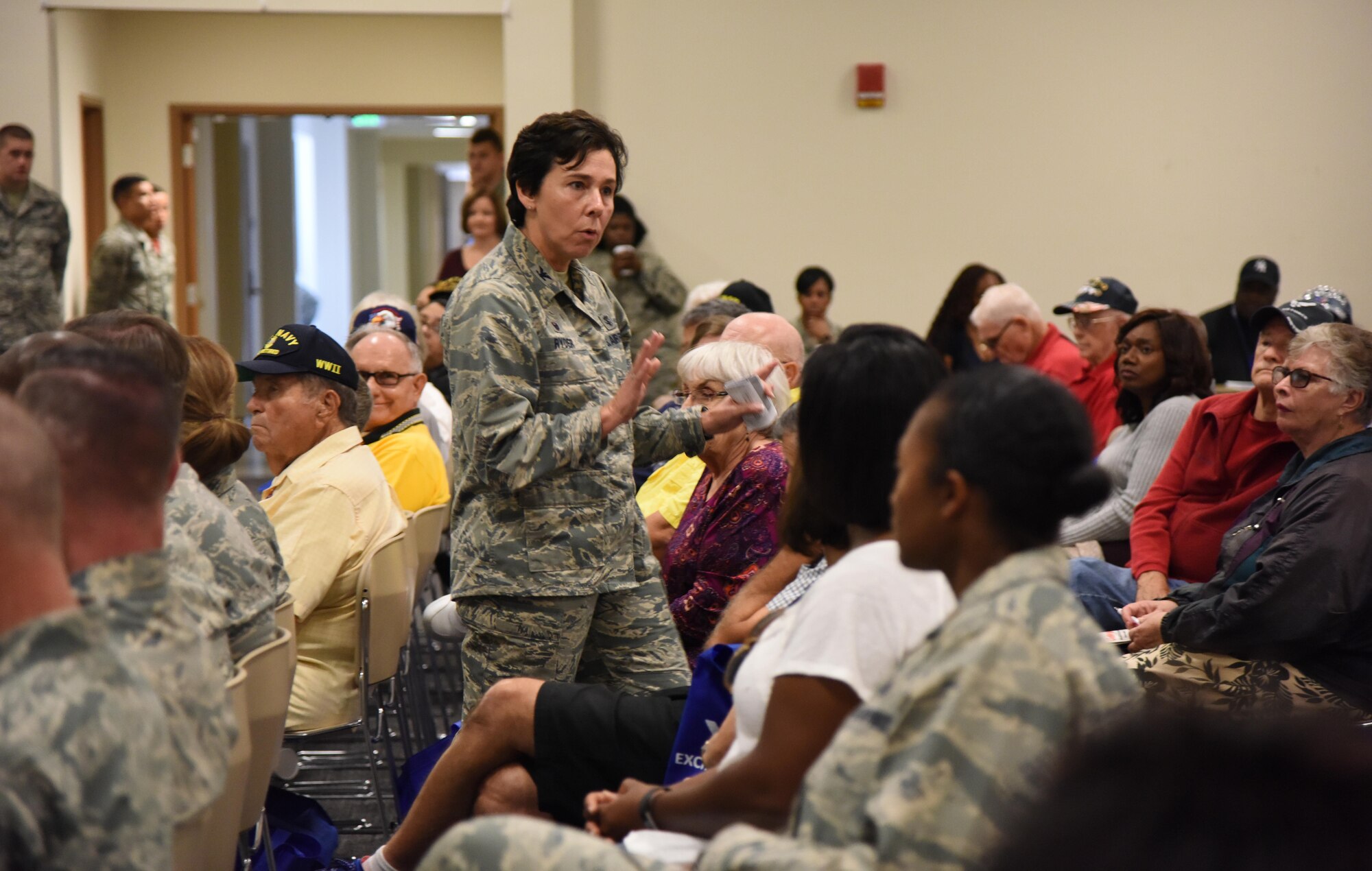 Col. Jeannine Ryder, 81st Medical Group commander, briefs retirees on Keesler Medical Center benefits during Retiree Appreciation Day at the Roberts Consolidated Aircraft Maintenance Facility Nov. 4, 2016, on Keesler Air Force Base, Miss. The annual event, sponsored by the Keesler Retiree Activities Office, included more than 20 displays with information pertinent to retirees and a free lunch. (U.S. Air Force photo by Kemberly Groue/Released)