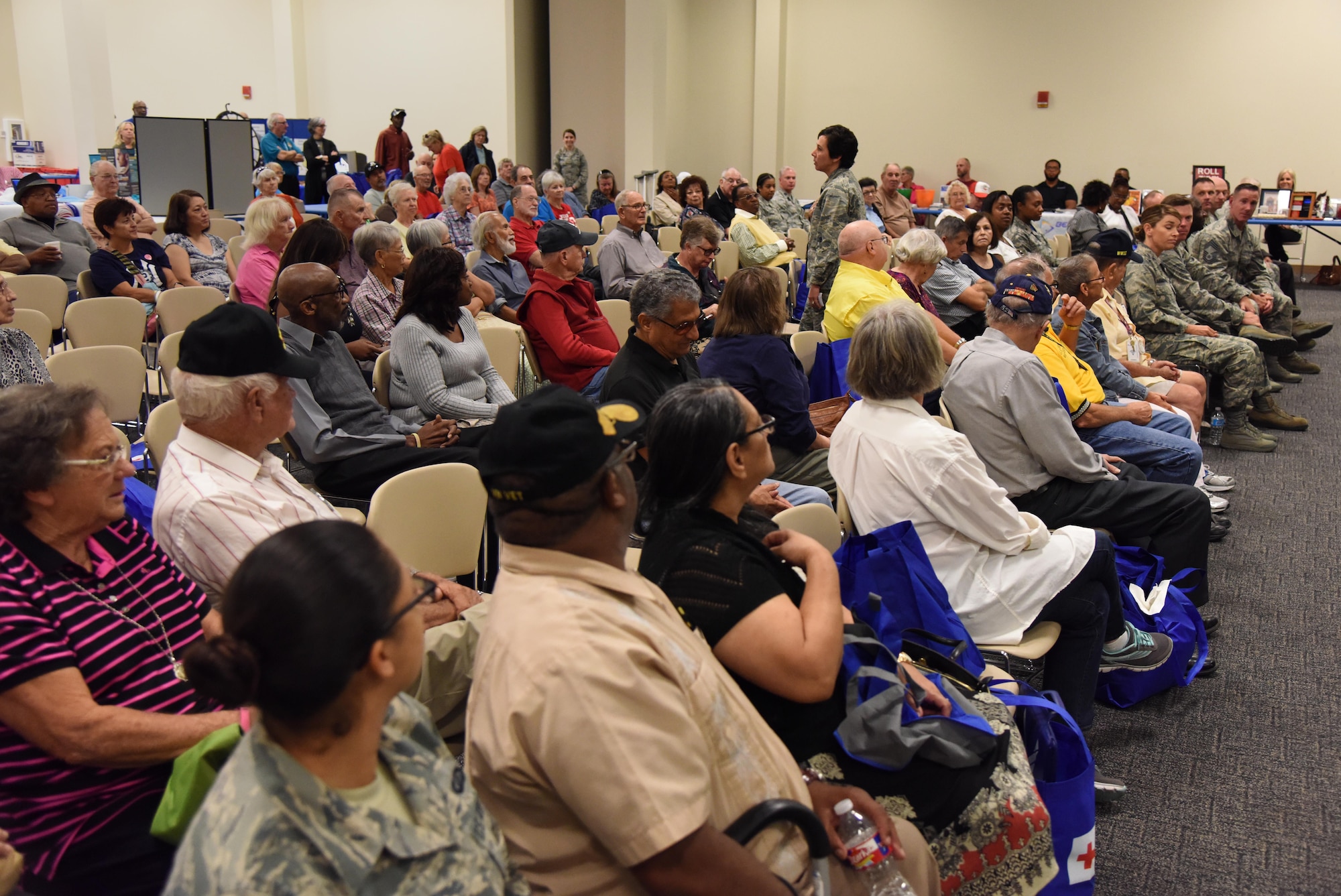 Col. Jeannine Ryder, 81st Medical Group commander, briefs retirees on Keesler Medical Center benefits during Retiree Appreciation Day at the Roberts Consolidated Aircraft Maintenance Facility Nov. 4, 2016, on Keesler Air Force Base, Miss. The annual event, sponsored by the Keesler Retiree Activities Office, included more than 20 displays with information pertinent to retirees and a free lunch. (U.S. Air Force photo by Kemberly Groue/Released)