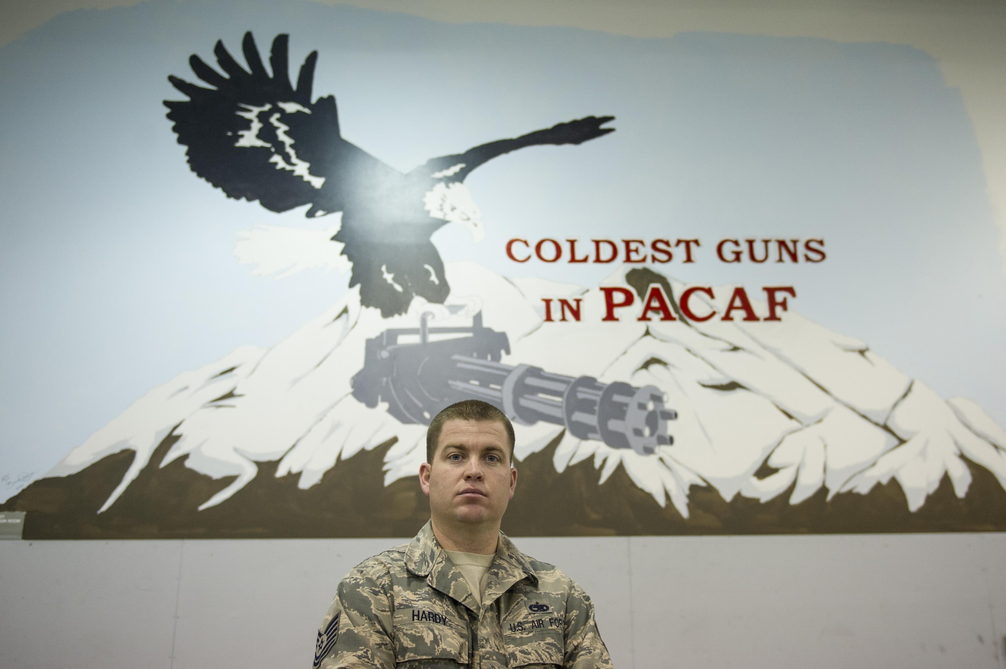 U.S. Air Force Tech. Sgt. Ben Hardy, the 354th Maintenance Squadron armament maintenance noncommissioned officer in charge, takes a brief break Nov. 3, 2016, at Eielson Air Force Base, Alaska. Hardy said the extended hours of darkness is one of his favorite parts of Alaska. (U.S. Air Force photo by Airman Isaac Johnson)