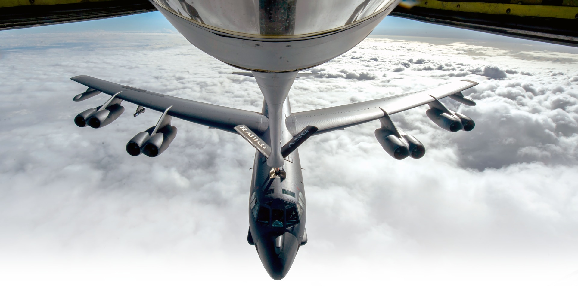 A B-52 Stratofortress is refueled in flight on April 2, 2014 over the Pacific Ocean near Joint Base Pearl Harbor-Hickam, Hawaii.