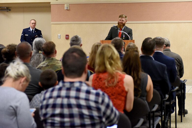 Retired Staff Sgt. Benjamin Hutchins, 18th Air Support Operations Group joint terminal attack controller, addresses the audience during a ceremony where he was presented the Silver Star Medal, Nov. 4, 2016, at Pope Army Airfield, North Carolina. Hutchins is one of 15 members of the 18th ASOG who received a Silver Star, which is the U.S. military’s third highest decoration for valor in combat. (U.S. Air Force photo by Airman Miranda A. Loera)