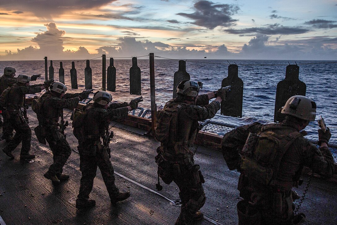 Marines conduct combat marksmanship and close-quarters tactics training on the USS Makin Island in the Pacific Ocean, Nov. 1, 2016. The ship is supporting security and stability in the U.S. 7th Fleet area of responsibility in the Indo-Asia-Pacific region. Marine Corps photo by Cpl. Devan K. Gowans