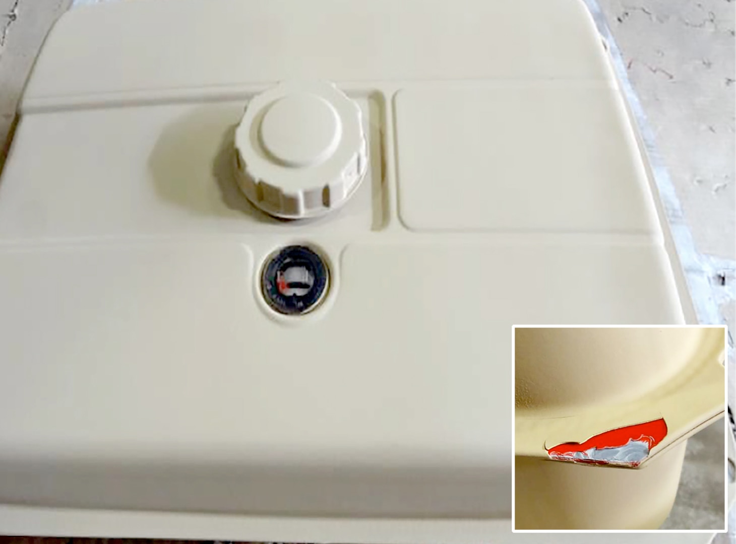 This fuel tank appears to conform to standards. The inset image shows how incorrect packaging can damage the tank. This particular damage revealed a commercial item painted to appear to be a military-grade item. 