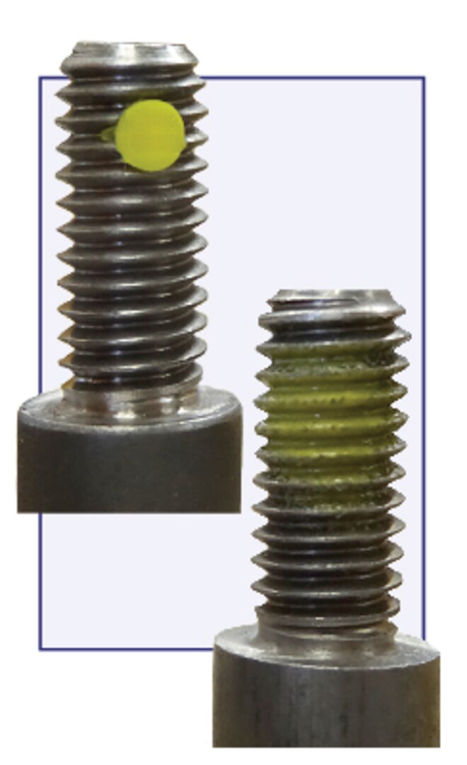 Conforming bolt and nonconforming bolt; the conforming one contains the yellow self-locking pellet. The nonconforming one has a yellow spray mark. 
