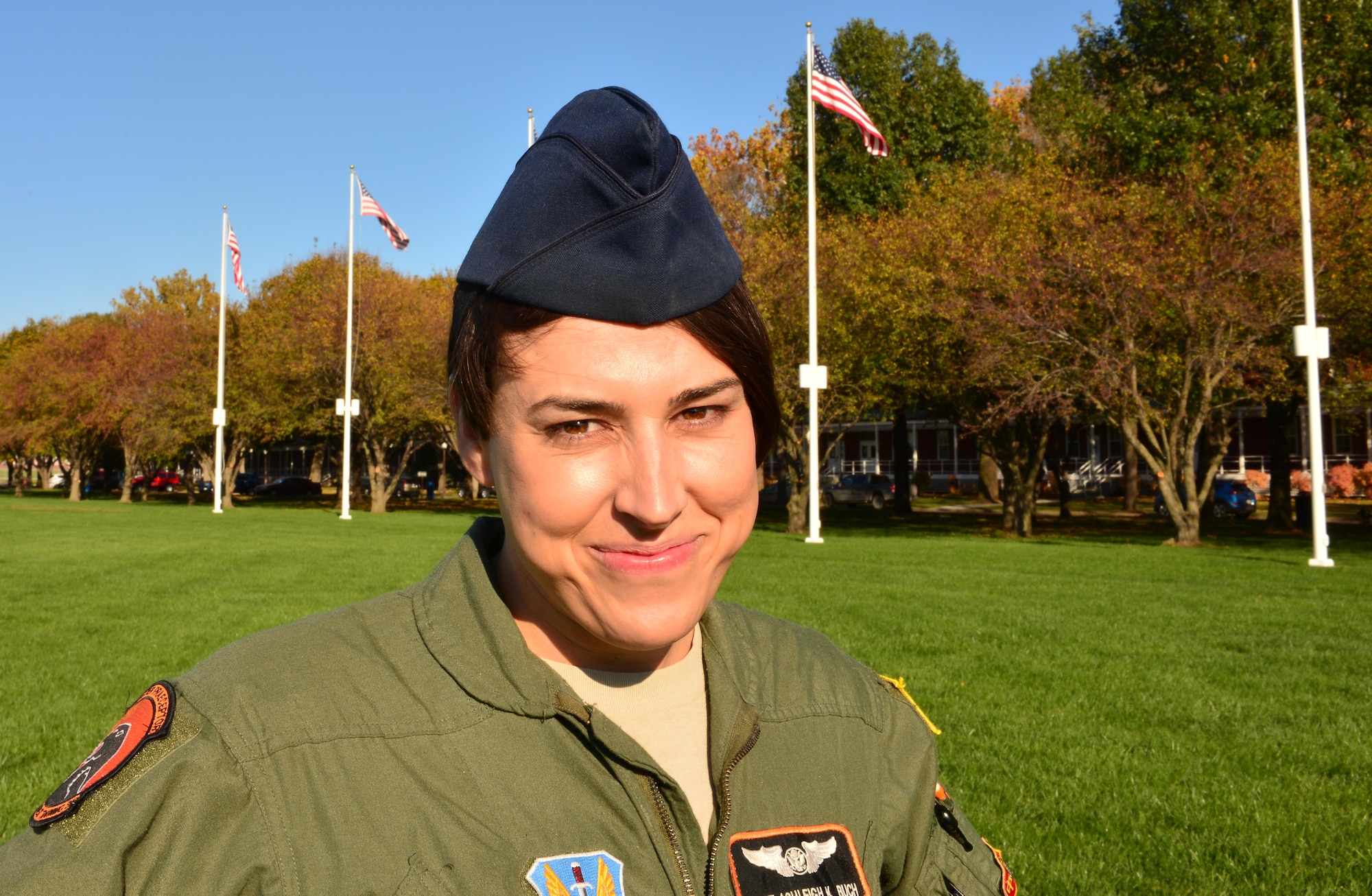 Staff Sgt. Ashleigh Buch, an instructor with the 338th Combat Training Squadron at Offutt Air Force Base, Neb., stands on the Offutt Parade Field Oct. 20, 2016. Buch is the first openly serving transgender Airman to be recommended for a return to flying duties. (U.S. Air Force photo/Senior Airman Rachel Hammes)