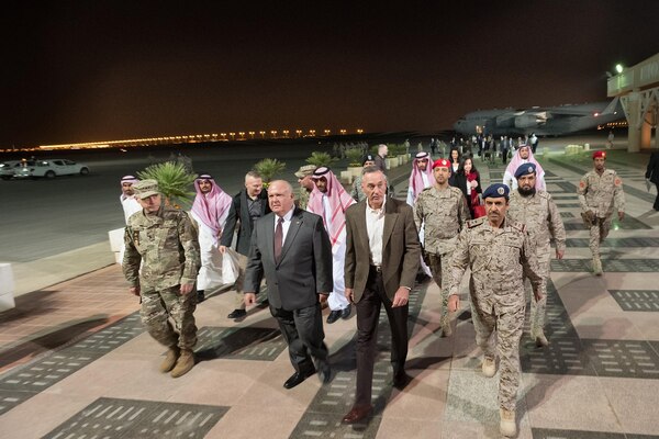 Saudi and American officers escort Marine Corps Gen. Joe Dunford from his C-17 after he arrived in Riyadh, Saudi Arabia, Nov. 7, 2016. The general will meet with U.S. and Saudi officials for discussions about issues of mutual concern. DoD photo by D. Myles Cullen