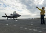 An F-35B Lightning II aircraft launches for the first time off the flight deck of the amphibious assault ship USS America (LHA 6). The F-35B short takeoff/vertical landing (STOVL) variant is the world’s first supersonic STOVL stealth aircraft, Oct. 28, 2016. America, with Marine Operational Test and Evaluation Squadron 1 (VMX-1) and Air Test and Evaluation Squadron 23 (VX-23) embarked, is underway conducting the first phase of developmental testing for the F-35B Lightning II aircraft, which will evaluate the full spectrum of joint strike fighter measures of suitability and effectiveness in an at-sea environment. 