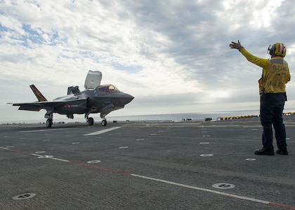 An F-35B Lightning II aircraft launches for the first time off the flight deck of the amphibious assault ship USS America (LHA 6). The F-35B short takeoff/vertical landing (STOVL) variant is the world’s first supersonic STOVL stealth aircraft, Oct. 28, 2016. America, with Marine Operational Test and Evaluation Squadron 1 (VMX-1) and Air Test and Evaluation Squadron 23 (VX-23) embarked, is underway conducting the first phase of developmental testing for the F-35B Lightning II aircraft, which will evaluate the full spectrum of joint strike fighter measures of suitability and effectiveness in an at-sea environment. 