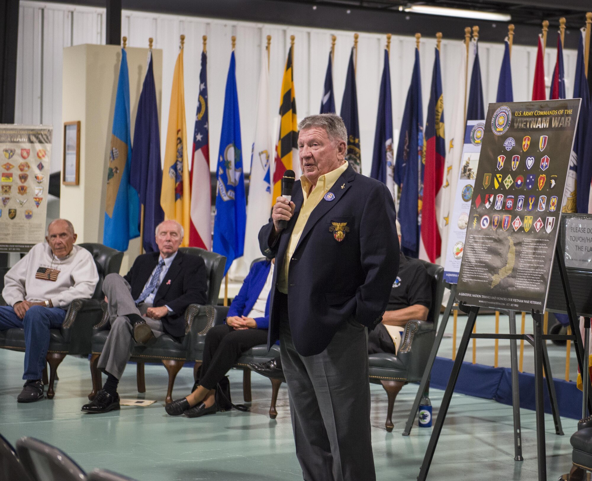 Retired Maj. Gen. Richard V. Secord, deputy assistant secretary of defense for international security affairs, gives the keynote address to a crowd of veterans and family members during the Northwest Florida 50th Vietnam War Commemoration Celebration event Nov. 5 at Eglin Air Force Base, Fla.  Event activities included a military working dog demonstration, explosive ordnance removal robots, Army Ranger reptile display, a speaker’s panel and an AC-130 tour.  (U.S. Air Force photo/Kristin Stewart) 
