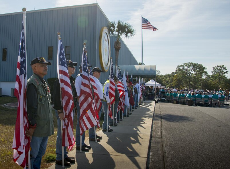 Patriot Guard Riders show support for Vietnam veterans Nov. 5. at Eglin Air Force Base, Fla. The Air Force Armament Museum hosted the Northwest Florida 50th Vietnam War Commemoration Celebration event to honor veterans’ service and sacrifices. Event activities included a military working dog demonstration, explosive ordnance removal robots, Army Ranger reptile display, a speaker’s panel and an AC-130 Gunship tour. (U.S. Air Force photo/Kristin Stewart)