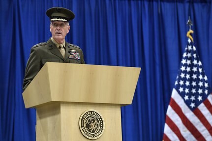 Chairman of the Joint Chiefs of Staff Gen. Joseph F. Dunford provides remarks during the U.S. Strategic Command (USSTRATCOM) change of command ceremony at Offutt Air Force Base, Neb., Nov. 3, 2016. During the ceremony, Dunford also presented the Joint Meritorious Unit Award to USSTRATCOM. Secretary of Defense Ash Carter presided over the change of command and thanked Adm. Cecil D. Haney, outgoing USSTRATCOM commander, for his service. He also congratulated Gen. John E. Hyten on his appointment as the new USSTRATCOM commander. Hyten previously served as commander of Air Force Space Command, and Haney will retire from active military duty during a separate ceremony in January. One of nine DoD unified combatant commands, USSTRATCOM has global strategic missions assigned through the Unified Command Plan that include strategic deterrence; space operations; cyberspace operations; joint electronic warfare; global strike; missile defense; intelligence, surveillance and reconnaissance; combating weapons of mass destruction; and analysis and targeting. (U.S. Air Force photo by Staff Sgt. Jonathan Lovelady)