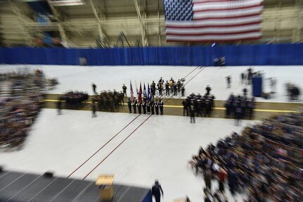 The U.S. Strategic Command (USSTRATCOM) Joint Color Guard prepares to parade the colors during the U.S. Strategic Command (USSTRATCOM) change of command ceremony at Offutt Air Force Base, Neb., Nov. 3, 2016. Secretary of Defense Ash Carter presided over the change of command and provided remarks during which he thanked Adm. Cecil D. Haney, outgoing USSTRATCOM commander, for his service. He also congratulated Gen. John E. Hyten on his appointment as the new USSTRATCOM commander. Additionally, Chairman of the Joint Chiefs of Staff Gen. Joseph F. Dunford provided remarks during the ceremony and presented the Joint Meritorious Unit Award to USSTRATCOM. Hyten previously served as commander of Air Force Space Command, and Haney will retire from active military duty during a separate ceremony in January. One of nine DoD unified combatant commands, USSTRATCOM has global strategic missions assigned through the Unified Command Plan that include strategic deterrence; space operations; cyberspace operations; joint electronic warfare; global strike; missile defense; intelligence, surveillance and reconnaissance; combating weapons of mass destruction; and analysis and targeting. (U.S. Navy photo by Petty Officer 1st Class Byron C. Linder)