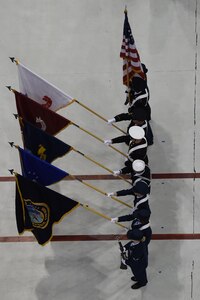 The U.S. Strategic Command (USSTRATCOM) color guard parades the colors during the U.S. Strategic Command (USSTRATCOM) change of command ceremony at Offutt Air Force Base, Neb., Nov. 3, 2016. Secretary of Defense Ash Carter presided over the change of command and provided remarks during which he thanked Adm. Cecil D. Haney, outgoing USSTRATCOM commander, for his service. He also congratulated Gen. John E. Hyten on his appointment as the new USSTRATCOM commander. Additionally, Chairman of the Joint Chiefs of Staff Gen. Joseph F. Dunford provided remarks during the ceremony and presented the Joint Meritorious Unit Award to USSTRATCOM. Hyten previously served as commander of Air Force Space Command, and Haney will retire from active military duty during a separate ceremony in January. One of nine DoD unified combatant commands, USSTRATCOM has global strategic missions assigned through the Unified Command Plan that include strategic deterrence; space operations; cyberspace operations; joint electronic warfare; global strike; missile defense; intelligence, surveillance and reconnaissance; combating weapons of mass destruction; and analysis and targeting. (U.S. Navy photo by Petty Officer 1st Class Byron C. Linder) 
