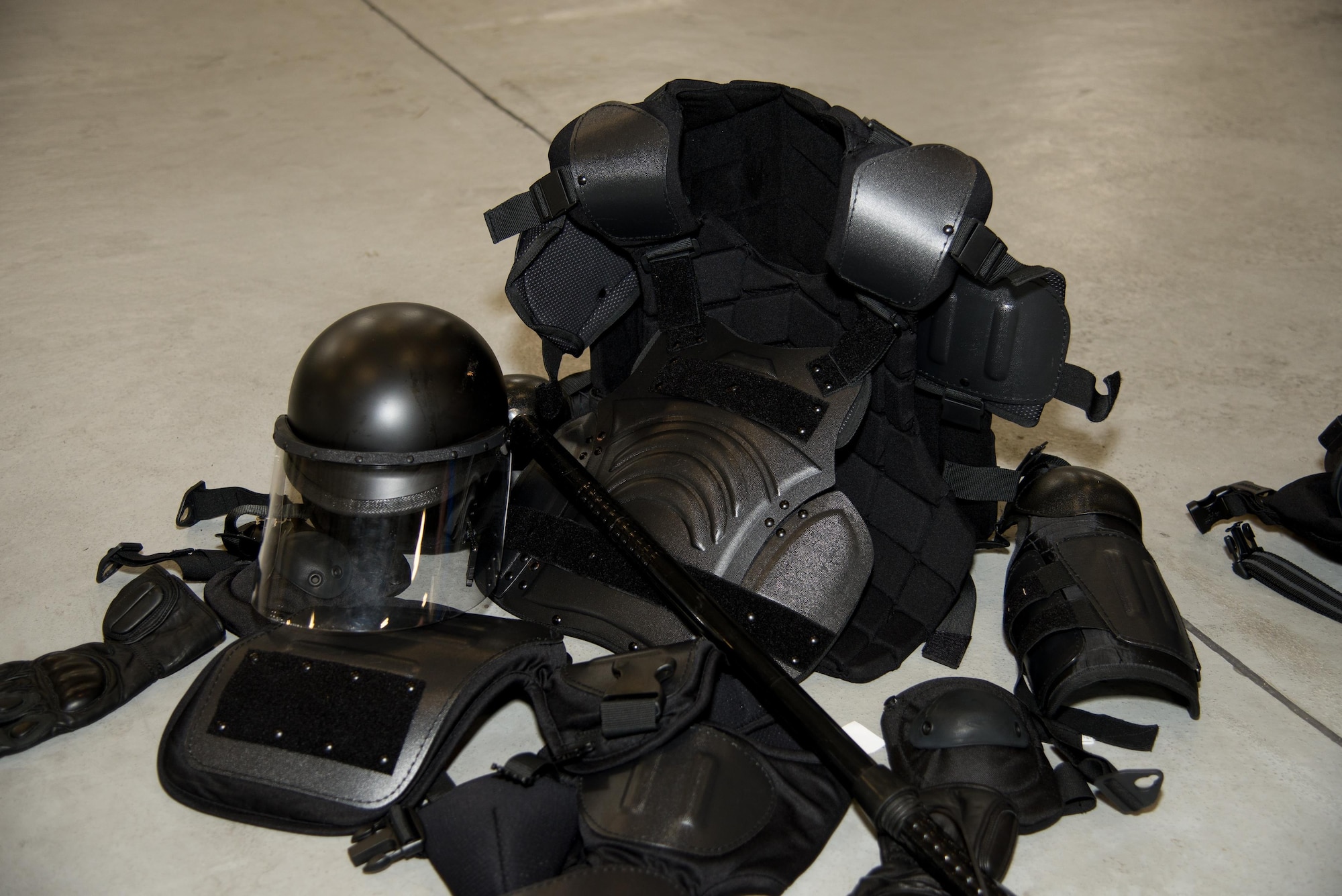 Protective gear used by the Delaware State Police Tactical Control Unit on display Nov. 3, 2016, on Dover Air Force Base, Del. The standard issue also includes knees pads, shin guards and a gas mask. (U.S. Air Force photo by Mauricio Campino)