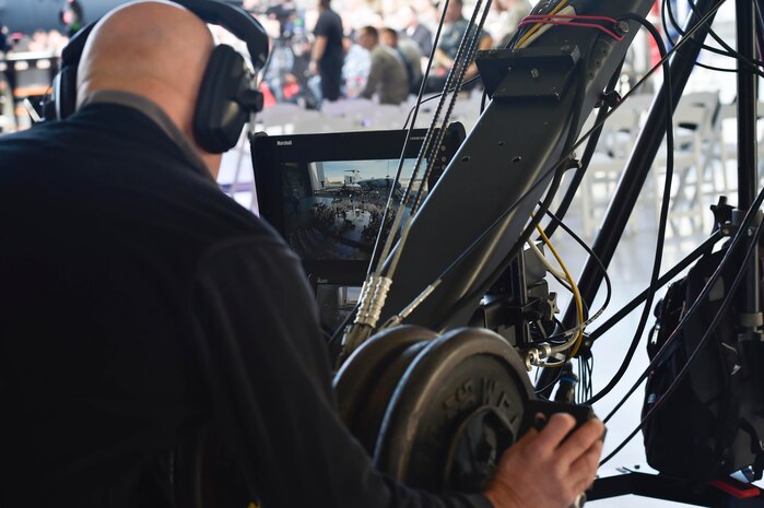 John Kosmo, ESPN First Take jib operator, films ESPN First Take during a live broadcast here as part of First Take’s week of Veteran’s Day program, Nov. 7, 2016. Every year ESPN First Take honors service members near Veterans Day by telecasting their show from a different base and highlights service members who go above and beyond in their careers.