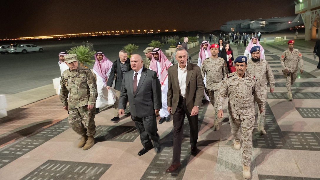 U.S. and Saudi officers escort Marine Corps Gen. Joe Dunford from his C-17 after his arrival in Riyadh, Saudi Arabia, Nov. 7, 2016. Dunford is traveling to Turkey and Saudi Arabia to work collaboratively to combat the Islamic State of Iraq and the Levant and to discuss other security issues. DoD photo by D. Myles Cullen