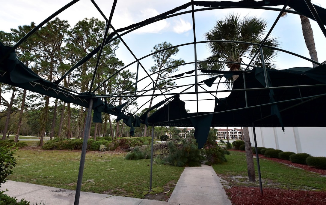 Hurricane force winds damaged the awning of the FLETC Glynco graduation facility. (Photo courtesy of FLETC) 