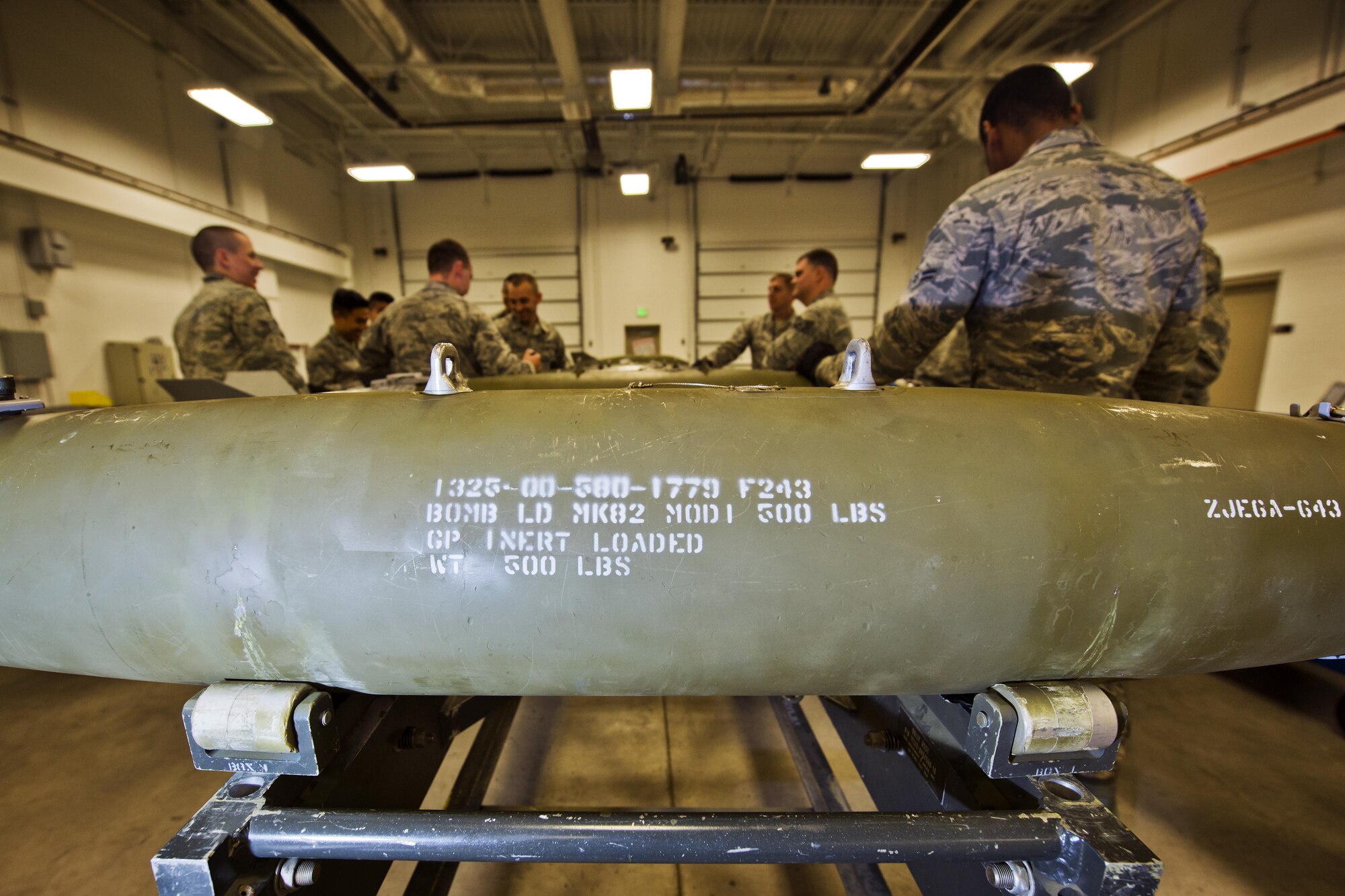 An assembled GBU-38 rests on a rack at Minot Air Force Base, N.D., Oct. 27, 2016. Airmen assembled four guided bomb units as a part of training for an upcoming deployment. (U.S. Air Force photo/Airman 1st Class J.T. Armstrong)