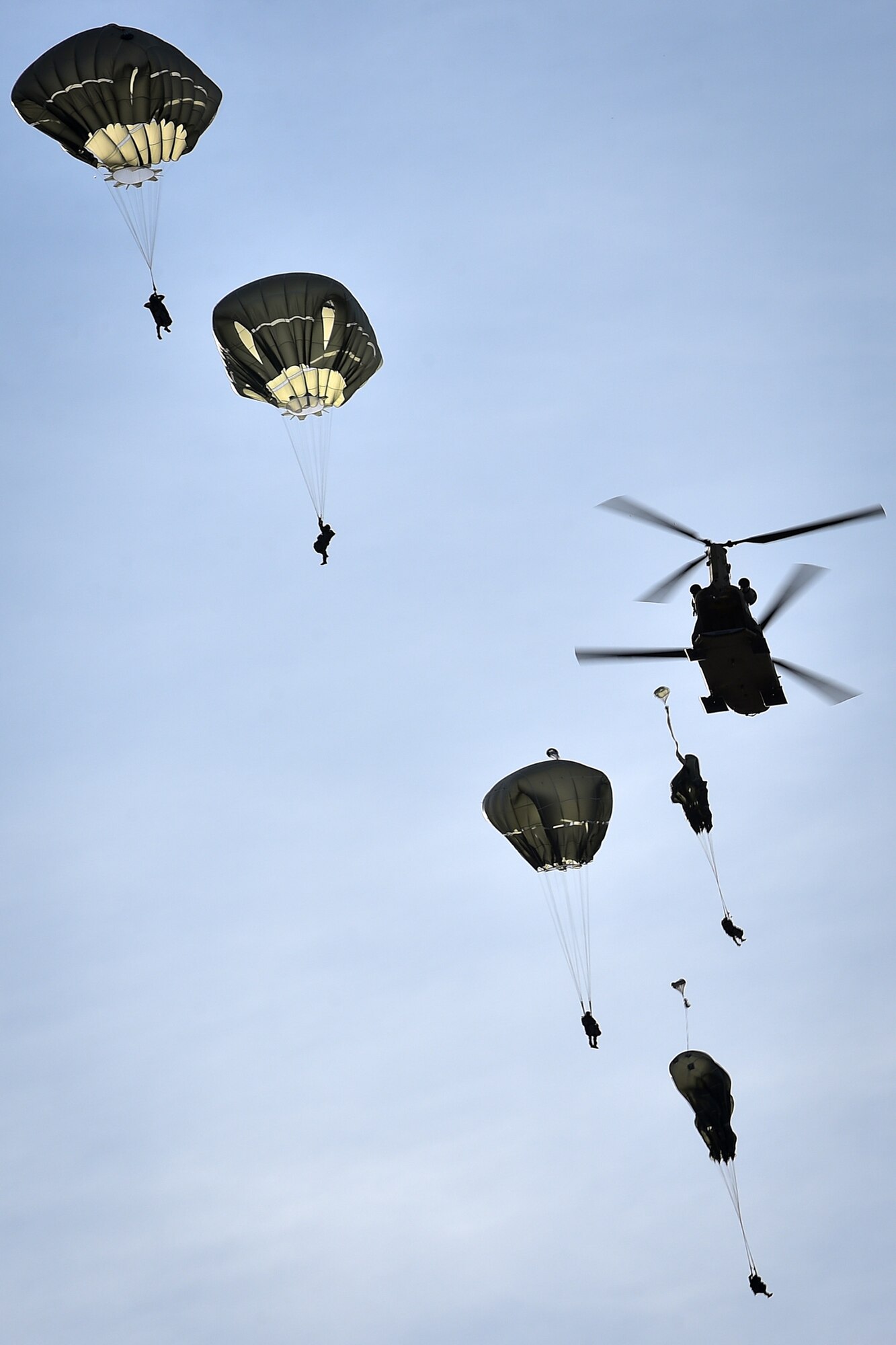 U.S. Army paratroopers assigned to the 4th Infantry Brigade Combat Team (Airborne), 25th Infantry Division, U.S. Army Alaska, execute an airborne training jump from a CH-47 Chinook helicopter on Malemute drop zone at Joint Base Elmendorf-Richardson, Alaska, Thursday, Nov. 3, 2016. The Soldiers of 4/25 IBCT belong to the only American airborne brigade in the Pacific and are trained to execute airborne maneuvers in extreme cold weather/high altitude environments in support of combat, partnership and disaster relief operations. 